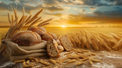 Poster - Wheat and bread being harvested on a field at sunset, showcasing the organic process of bread production. Generative AI