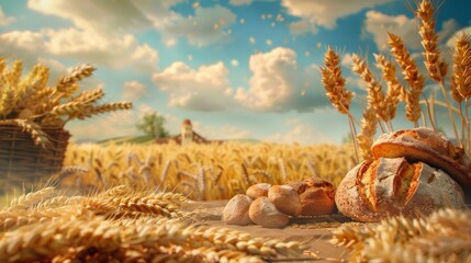 Poster - A basket filled with freshly baked bread rests in a wheat field, showcasing the connection between farm-fresh ingredients and delicious baked goods. Generative AI