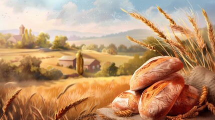 Poster - A painting depicting a wheat field with freshly baked bread on it, showcasing the connection between agriculture and food production. Generative AI