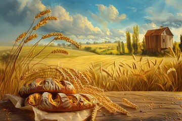 Poster - A realistic painting of freshly harvested wheat and a loaf of bread on a rustic wooden table. Generative AI