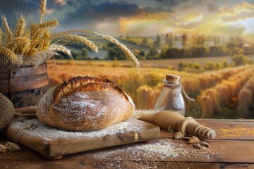 Poster - A loaf of bread sits on a wooden table with a wheat field visible in the background. Generative AI