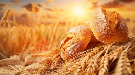 Poster - Harvesting bread on a wheat field during sunset. Royalty-free footage of farm bread preparations with a warm, golden light. Generative AI