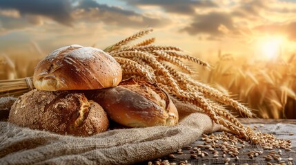 Poster - Freshly baked bread and harvested wheat grains set on a rustic wooden table under the warm hues of the setting sun. Generative AI
