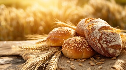 Poster - Freshly baked bread and golden wheat grains are scattered on a rustic wooden table. Generative AI