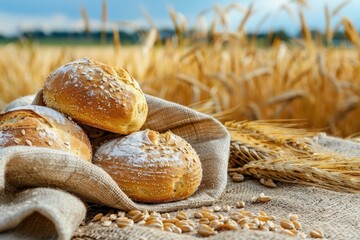 Poster - Healthy wheat bread placed on a cloth with wheat in the background, showcasing organic farm bread preparations. Generative AI
