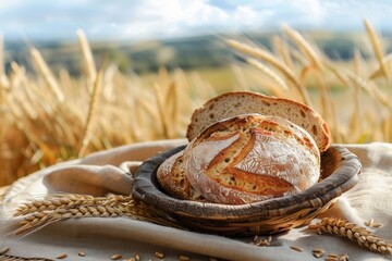 Poster - A basket filled with bread sits on a table in the middle of a vast field, surrounded by the beauty of nature. Generative AI