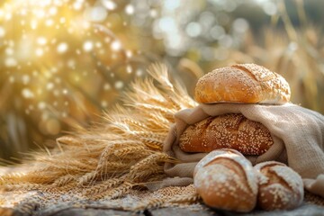 Poster - A close-up view of freshly baked bread and ripe wheat grains displayed on a rustic wooden table. Generative AI