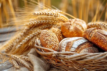 Poster - A basket filled with bread sits on a wooden table, showcasing freshly baked loaves in a rustic setting. Generative AI