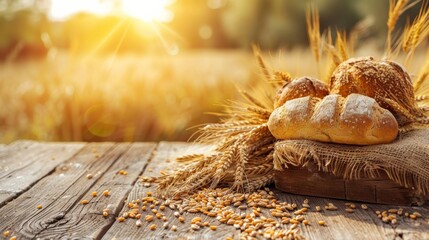 Poster - Freshly baked bread and ripe wheat grains displayed on a rustic wooden table. Generative AI