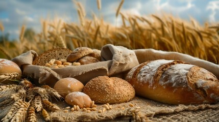 Poster - A close-up view of freshly baked farm bread and golden wheat grains placed on a rustic sack. Generative AI