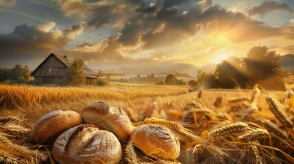 Poster - A vast field of wheat with a house in the background, showcasing rural farm life and agriculture. Generative AI