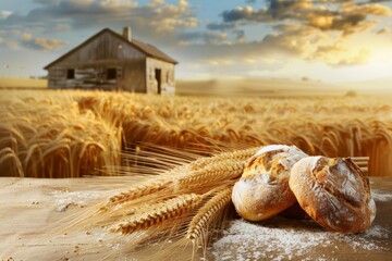 Poster - A scene showing bread and wheat lying on a table in the middle of a lush wheat field. Generative AI
