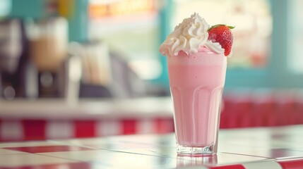 A glass of frothy strawberry milkshake topped with whipped cream and a fresh strawberry, sitting on a retro diner countertop.