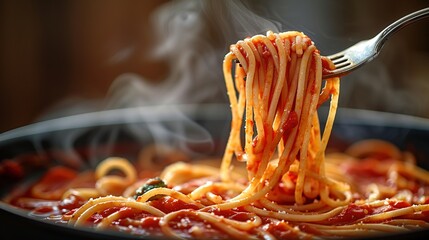 Poster -  A plate of spaghetti in close-up, held by a fork and emitting smoke from the top