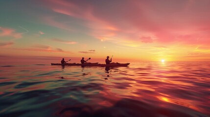 Wall Mural - A group of friends kayaking on a calm ocean at sunset, the sky ablaze with vibrant colors reflected on the water's surface.