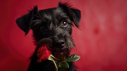 Sticker - Celebrate Valentine s Day with an adorable Patterdale terrier posing for a portrait holding a delicate rose in its charming muzzle reminding us all that a dog truly is man s best friend