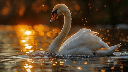 Poster -   A white swan glides on a shimmering water surface, reflecting light off its radiant back