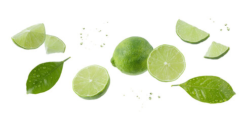 Wall Mural - Fresh lime fruit whole and slices with leaves falling flying isolated on white background.