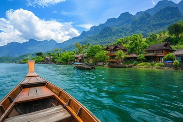 wooden boat on the river or sea - tourist trip in thailand