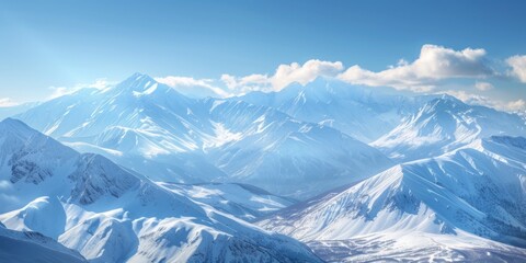 Wall Mural - Panoramic view of snow mountains range landscape. Generative AI.