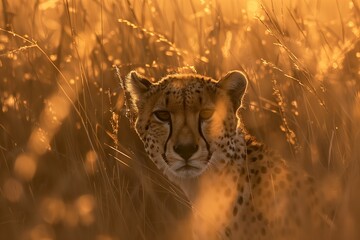 Wall Mural - Cheetah in African savannah, swift predator on safari. Wildlife in natural habitat, spotted big cat, endangered species. Fastest mammal in wilderness, close up portrait in Masai.