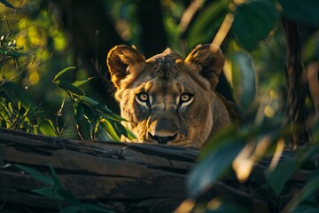 Wall Mural - African lioness in Serengeti, powerful female with pride. Hunter on safari, big cat in wilderness. Portrait of lioness, black and white artistic processing, focus on strength and.