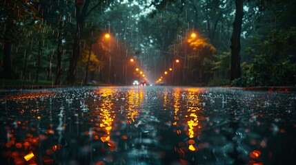 Wall Mural - Illustration depicting a storm with rain and lightning occurring on a street.