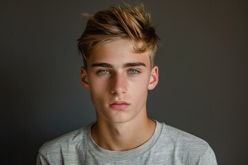 Young Man Face: Teenage Boy Model in Casual Attire, Isolated Portrait