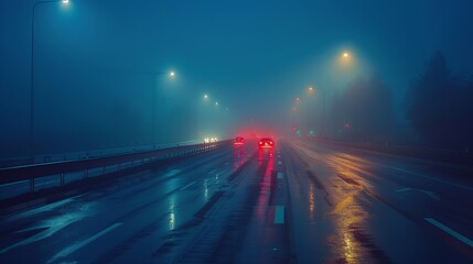 Wall Mural - Illustration depicting an empty dark night road with foggy mist, rain, and red backlight traces, highlighting the dangers of poor visibility during rainy weather.