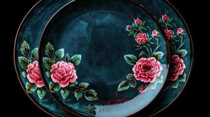 Sticker -   A close-up of a plate, with flowers painted on the front and side, visible from behind