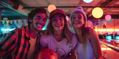 Group of cheerful young friends having fun while playing bowling with glowing bowling balls. Active leisure for young adults.