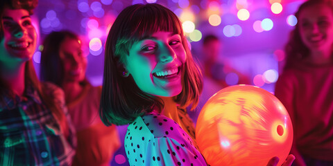 Group of cheerful young friends having fun while playing bowling with glowing bowling balls. Active leisure for young adults.