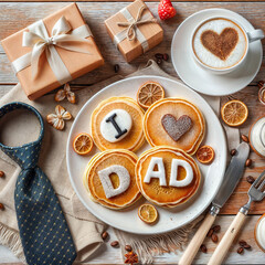 Father day pancakes. Homemade kids cooked father day pancakes with lettering I love dad, on plate, with coffee latte cup, gift box and necktie, wooden background top view 