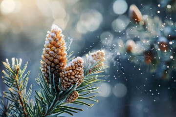 Wall Mural - A pine tree branch covered in snow and frost