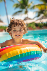 Wall Mural - Child playing in swimming pool with colorful floating toy. Little child having fun on family summer vacation in tropical resort. Beach and water toys.