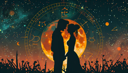 horoscope compatibility. loving couple and zodiac wheel