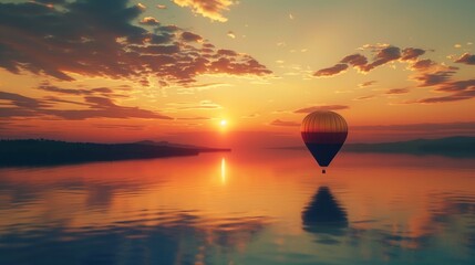 Wall Mural - A single golden balloon floating serenely over a tranquil lake at sunset.