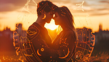 horoscope compatibility. loving couple and zodiac wheel