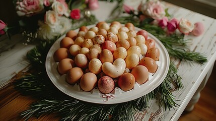 Sticker -   A table holds a bouquet of pink roses and an egg-filled plate nearby