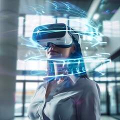 Poster - Futuristic virtual reality experience for businesswoman in office, using VR headset for data simulation, enhanced visual interaction, tech innovation..