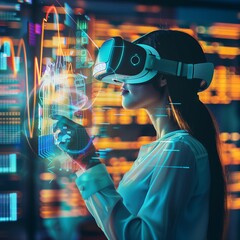 Poster - Businesswoman using futuristic virtual reality glasses, engages with data and information in modern tech environment, visualizing digital concepts..