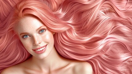 Wall Mural -  A tight shot of a woman with pink hair and scattered freckles dotting her face, beaming cheerfully