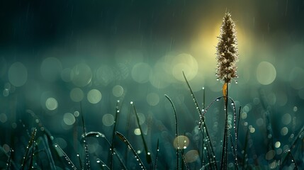 Wall Mural -  A tight shot of a plant, adorned with dewdrops, against a softly blurred backdrop of grass and water beads