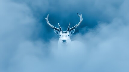 Sticker -  A deer's head is centered against a backdrop of foggy, blue sky, dotted with clouds