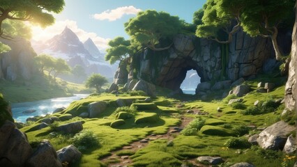 Wall Mural - Beautiful wallpaper, game art, rock landscape and plants