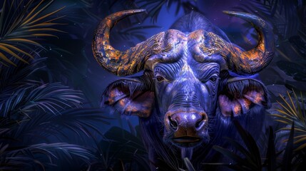 Poster -  A bull's head encircled by vibrant tropical plants and leaves, against a backdrop of azure sky