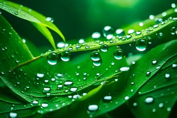 Wall Mural - water drops on green leaf