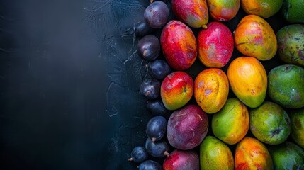 Wall Mural -  A pile of fruits sit on a blue tablecloth, atop a black one