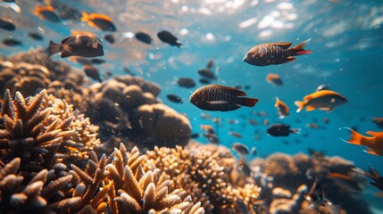 Wall Mural -  A sizable school of fish swim above coral-covered seabed, adorned with seaweed and various corals, in an expansive, sunlit ocean Blue waters