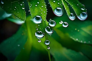 Wall Mural - water drops on green leaf